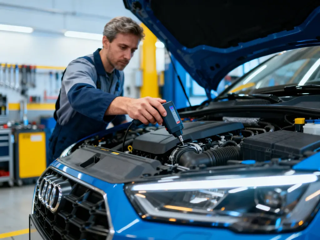 Mechanik przeprowadza profesjonalną diagnostykę silnika samochodu w nowoczesnym serwisie podczas przeglądu technicznego.