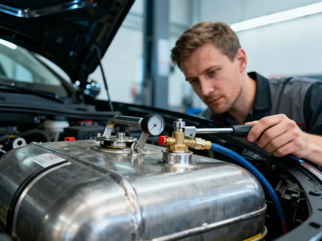 Mechanik dokonuje profesjonalnego przeglądu technicznego zbiornika LPG w samochodzie w warsztacie.