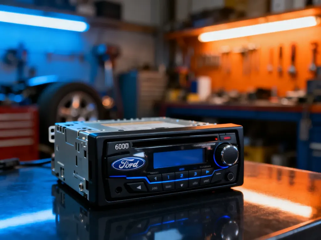 Nowoczesne radio samochodowe Ford 6000CD na ciemnym, błyszczącym tle w profesjonalnym warsztacie.