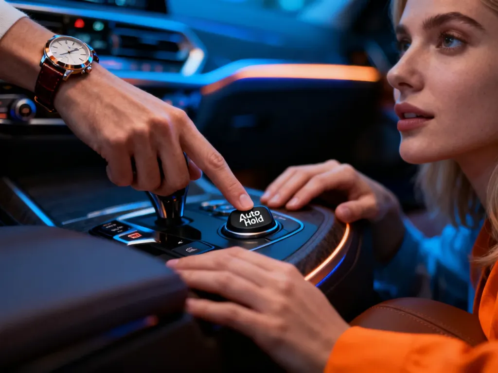 Dłoń naciskająca przycisk Auto Hold na konsoli środkowej nowoczesnego samochodu.