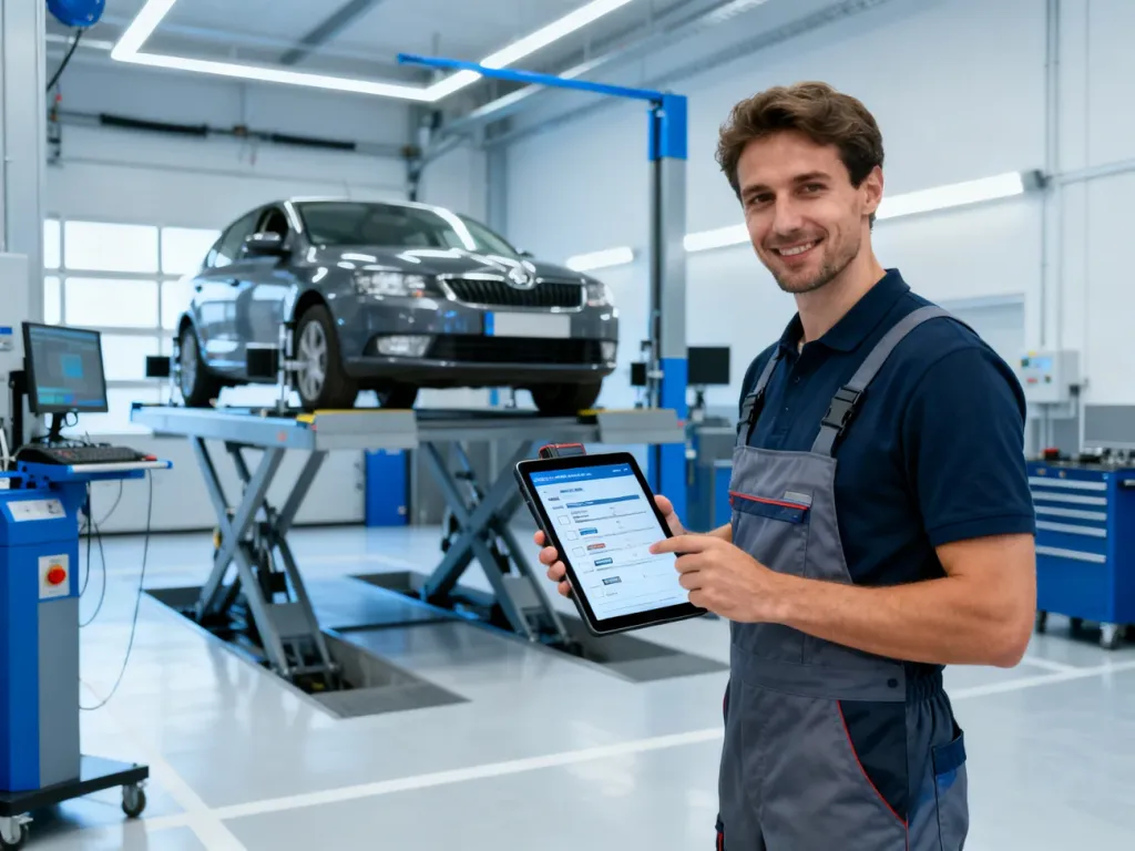 Mechanik z tabletem w nowoczesnej stacji kontroli pojazdów podczas przygotowań do badania technicznego samochodu.