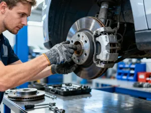 Mechanik w nowoczesnym warsztacie wykonuje diagnostykę komputerową silnika samochodu przed jego zakupem.