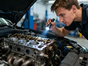 Mechanik sprawdza oznaczenia na oponie samochodowej w profesjonalnym warsztacie, przygotowując się do jej montażu na felgę.