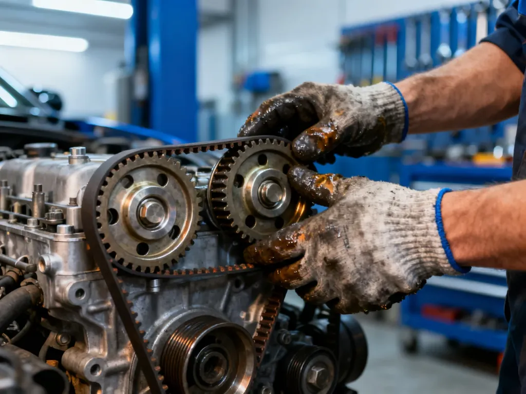 Mechanik wymienia pasek rozrządu w silniku 1.9 TDI, dbając o precyzyjne ustawienie kół zębatych.