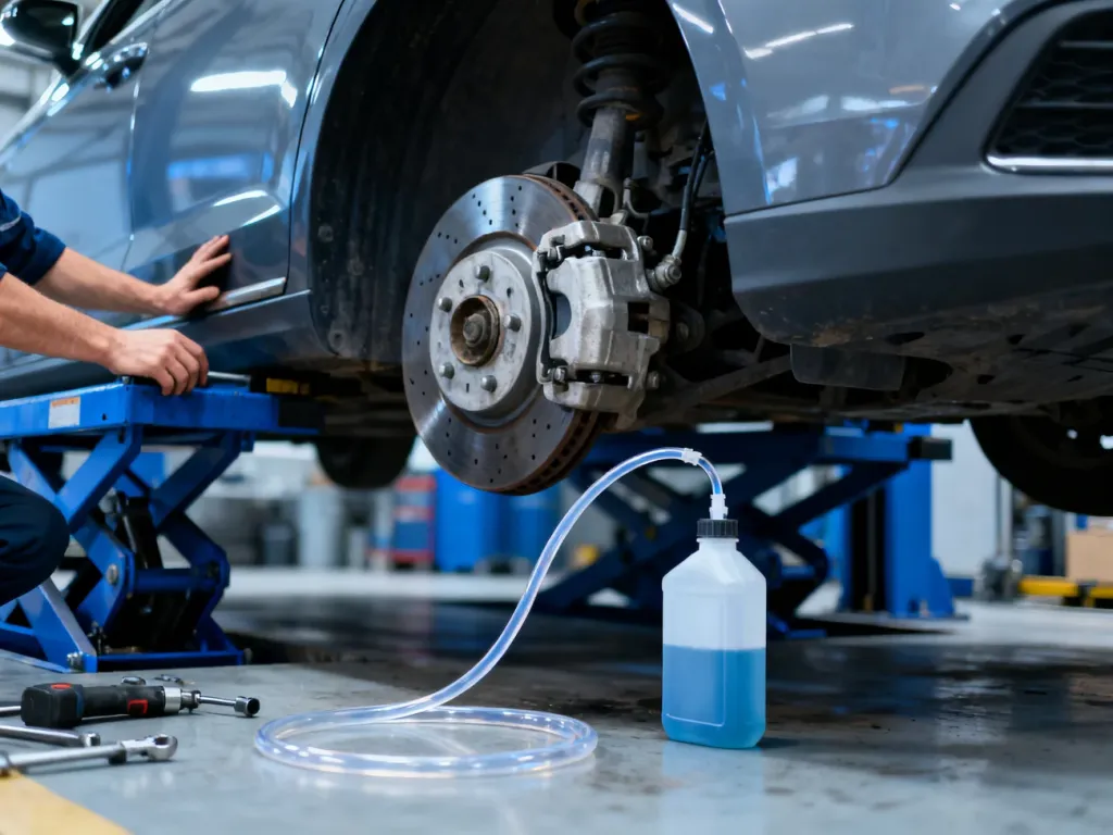 Mechanik odpowietrza układ hamulcowy z systemem ABS przy użyciu przezroczystego wężyka i zbiornika na płyn hamulcowy.