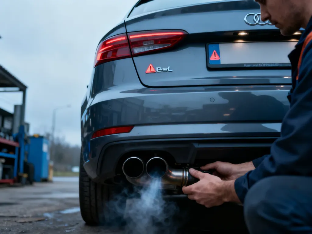 Mechanik sprawdza układ wydechowy nowoczesnego diesla podczas procedury wypalania filtra DPF na postoju.